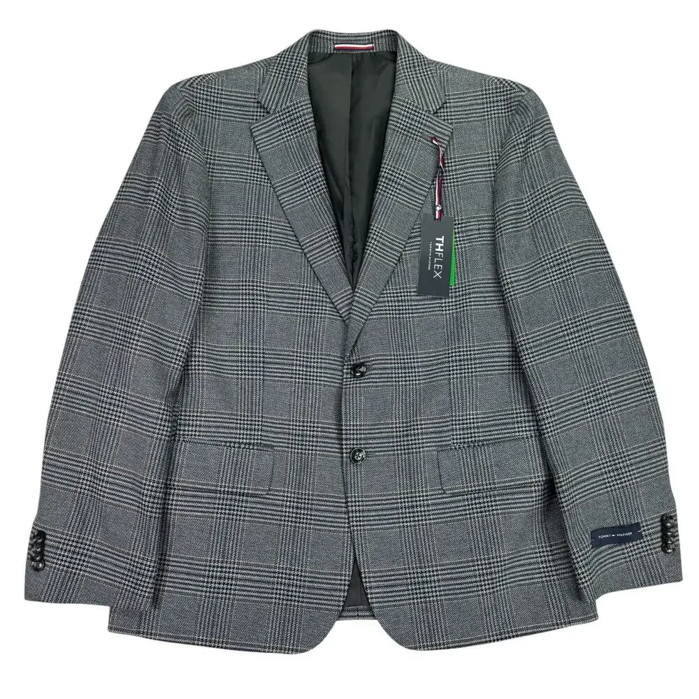 Tommy Hilfiger Mens TH Flex Conrad Modern Fit Check Sport Coat Gray Brown 42S